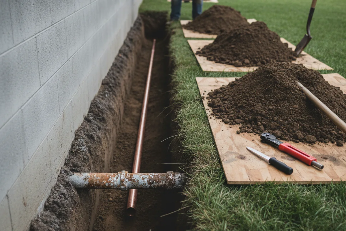 Excavated water line trench during Water Heater Repair in Califon
